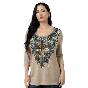 Harley-Davidson Women's 3/4 Sleeve
Graphic Top Beige Motorcycle Wing Skull 2X 
V